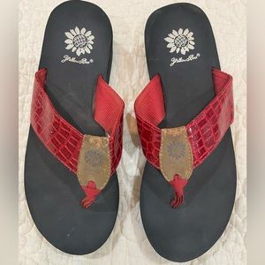 Yellow Box size 7 flip flops. Darker red straps